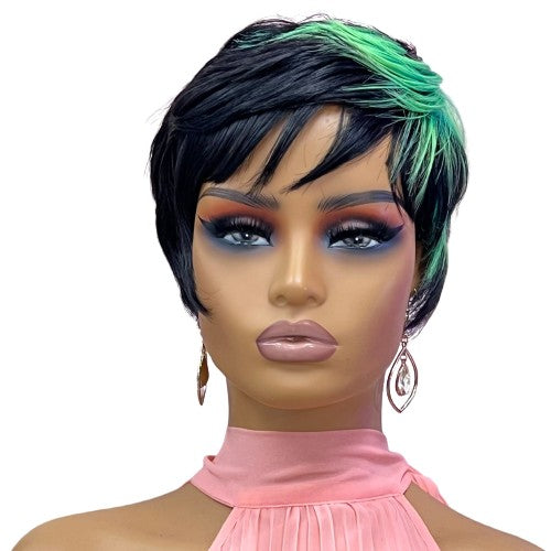 Peacock wig featuring a short, feathered style for a pixie-straight look, designed for both everyday wear and special occasions. The wig is crafted from high-quality feathers, providing a natural and realistic appearance.